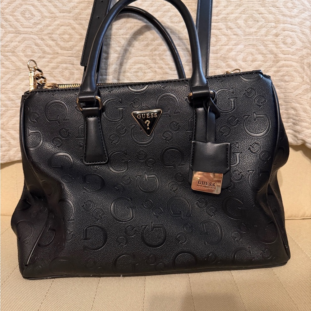 GUESS Black Grimball Faux Leather Chain Shoulder Tote Bag Satchel